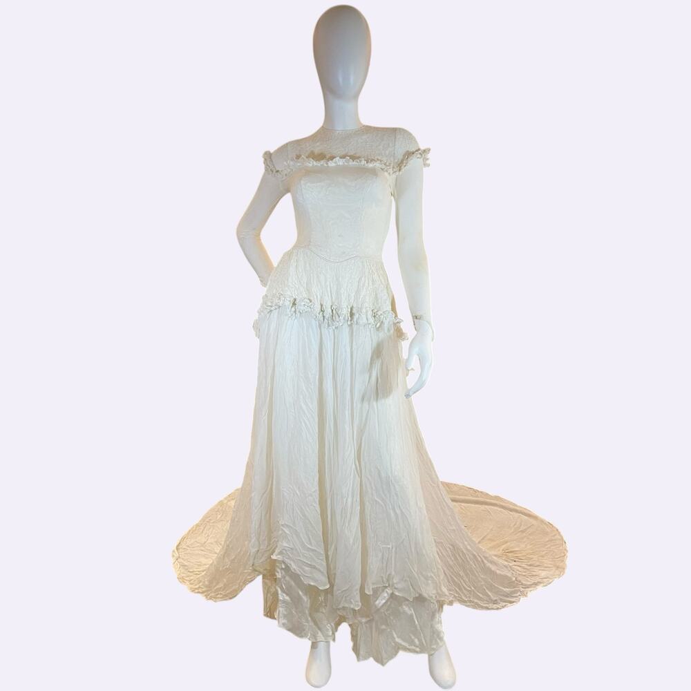 1940s Vintage Wedding Dress Lace Off Shoulder Bias Satin Bridal Gown As Is